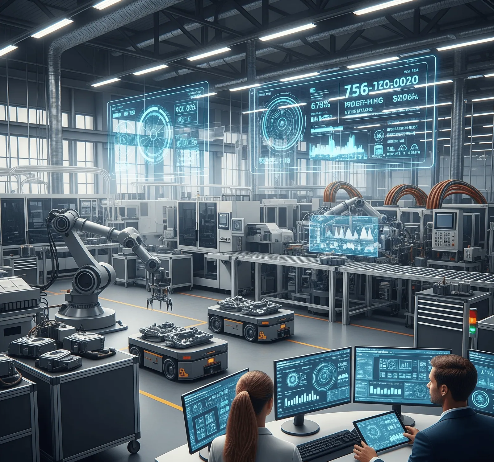 Smart factory with engineers monitoring dashboards